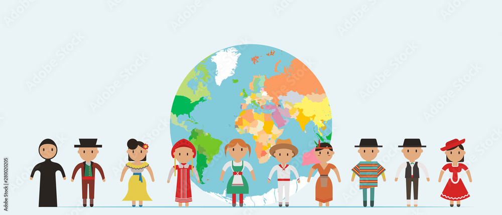 Naklejka premium World kids. International friendship day! Vector illustration of diverse Children Holding Hands around the planet