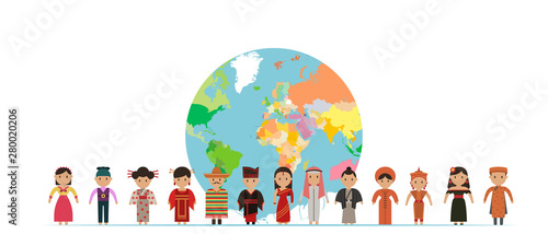 World kids. International friendship day! Vector illustration of diverse Children around the planet