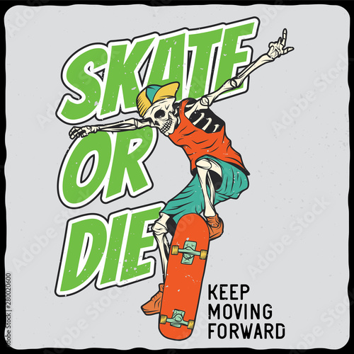 Illustration of the skeleton on the skateboard. Vector illustration. T-shirt or poster design.