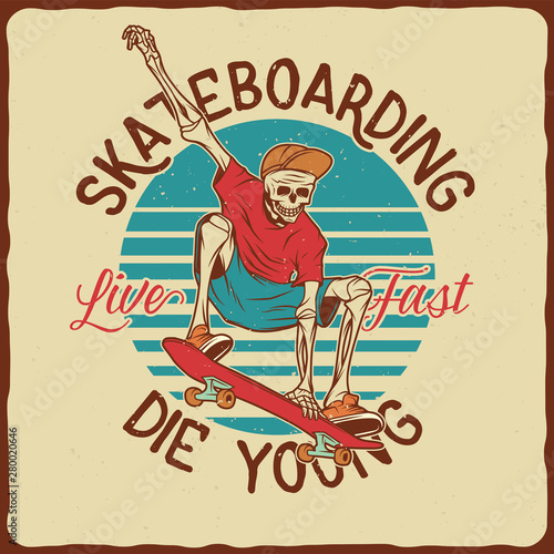 Illustration of the skeleton on the skateboard. Vector illustration. T-shirt or poster design.