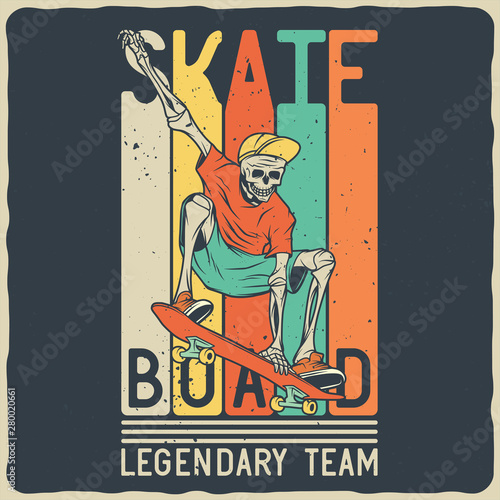 Illustration of the skeleton on the skateboard. Vector illustration. T-shirt or poster design.