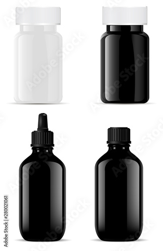 Black Glass Bottle. cosmetic Essential Oil. Pill Jar 3d mockup. Plastic Medical Supplement Capsule Container. Pharmacy Tablet Can. Realistic Collection Set of Medication Package