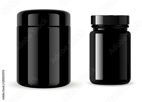 Black Bottle. Medicine Supplement Product Mockup. Glossy Glass or Plastic Jar isolated on White Background. Rounded Cream or Powder Cosmetic Container. Beauty Package Design