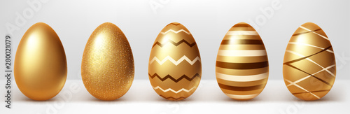 Golden eggs realistic vector set illustration. Shining Easter eggs from gold metal decorated with elegant pattern, festive gift with shadow isolated on white background