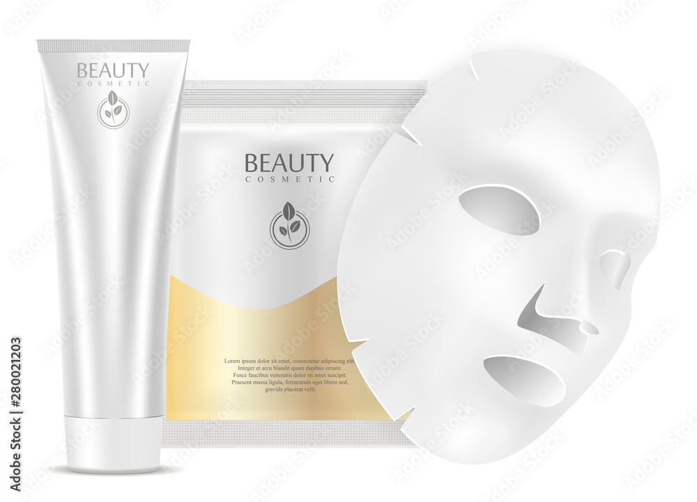 Face mask. Collagen Hydrate Product Pack. Beauty Moisture Sheet Mockup concept. Face Cream Tube template with Mask Sachet. clear White Treatment Cosmetics Design isolated