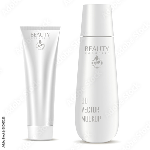 Cream tube, Shampoo bottle set. Cosmetic Package Plastic Blank. Realistic Glossy Container Template for cream, Shampoo, Scrub, Paint. 3d Bottle Mockup Isolated. Hair Care Shower Moisturizing