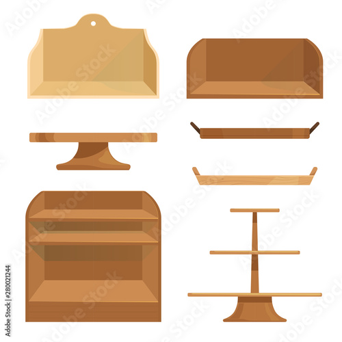 Wooden shelves, drawers and stands for storing items or displaying goods. Cake delivery.