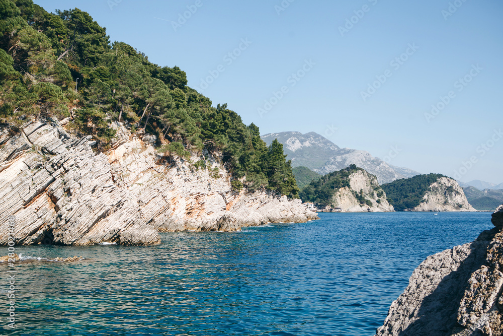 Beautiful view of the natural landscape with the sea and cliffs in Montenegro near Petrovac.