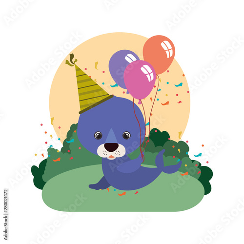 cute seal animal with balloon helium