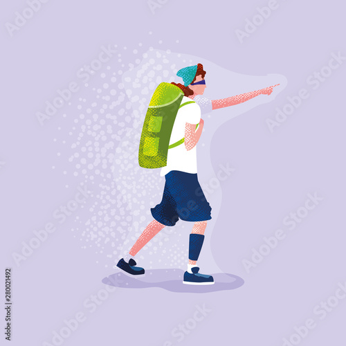 man traveler with backpack pointing out