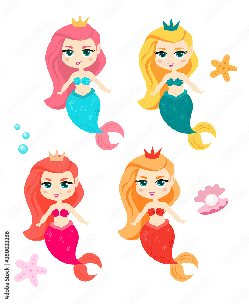 Collection mermaid isolated on white background. Vector illustration.