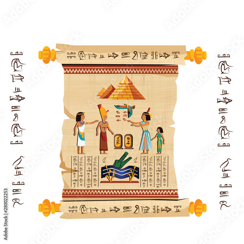 Ancient Egypt papyrus scroll with wooden rods cartoon vector. Ancient paper with hieroglyphs and Egyptian culture religious symbols, ancient gods, pyramids and human figures, isolated on white