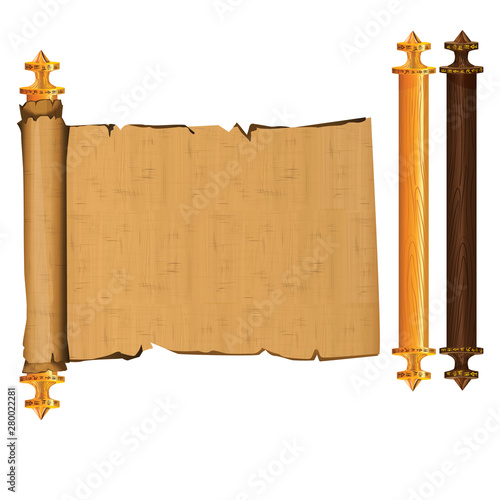 Fototapeta Naklejka Na Ścianę i Meble -  Ancient Egypt papyrus scroll with wooden rods cartoon vector illustration. Egyptian culture symbol, blank unfolded ancient paper to store information with wooden sticks, isolated on white background
