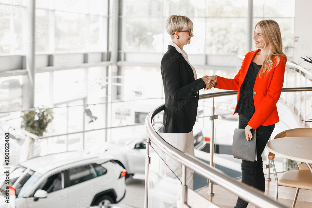Εκτύπωση καμβά Two women - dealer and customer - make a deal and shake hands each other