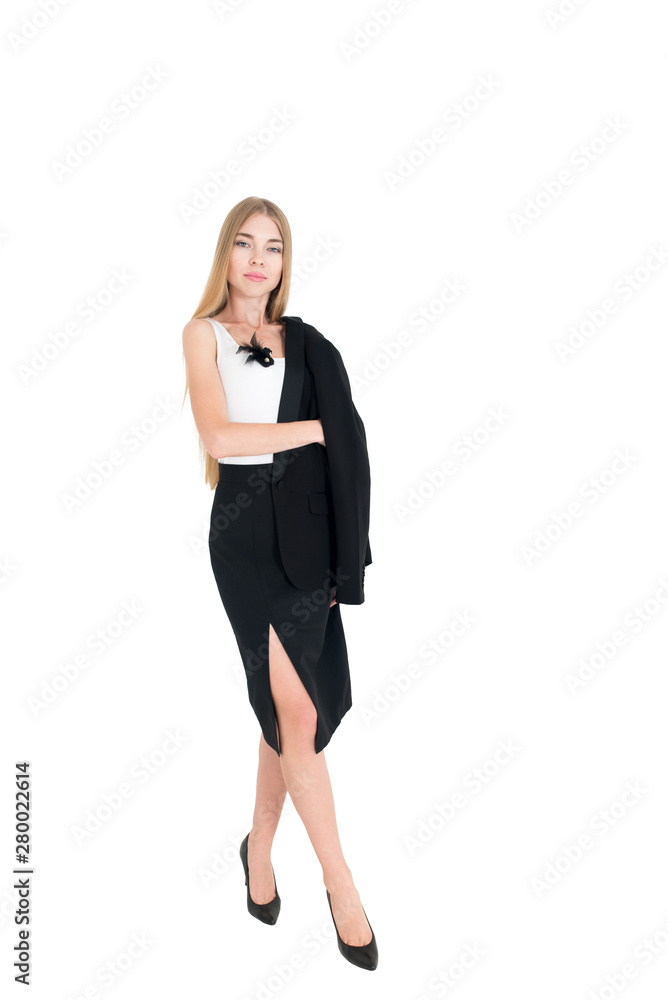 Full body portrait of happy beautiful young businesswoman, isolated on white background. Caucasian blond model in business success concept. Full body portrait of happy beautiful young businesswoman, isolated on white background. Caucasian blond model in business success concept.