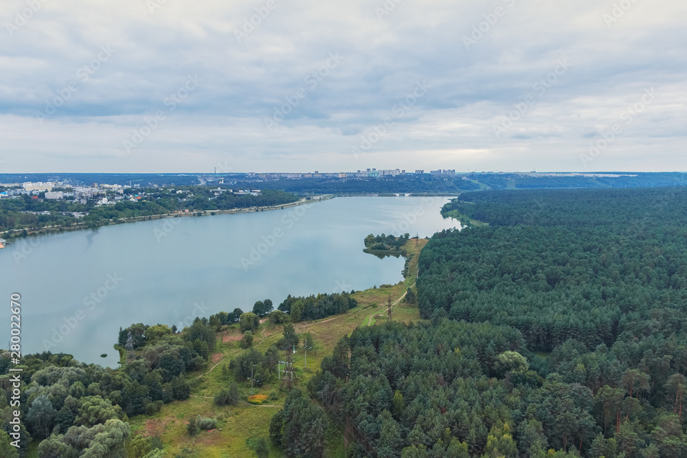 Top view of the reservoir and the city landscape Top view of the reservoir and the city landscape
