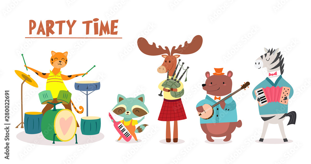 Stylish card or poster with cute animal band in cartoon style.Vector illustration with animal musicians in music festival.