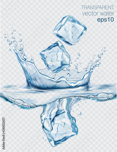 Transparent vector water splash and ice cubes on light background