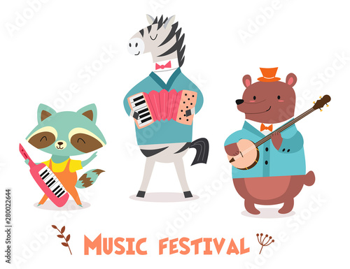 Stylish card or poster with cute animal band in cartoon style.Vector illustration with animal musicians in music festival.