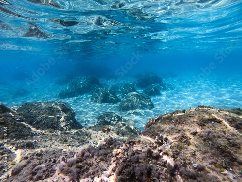 Underwater sea view with sand and rocks.