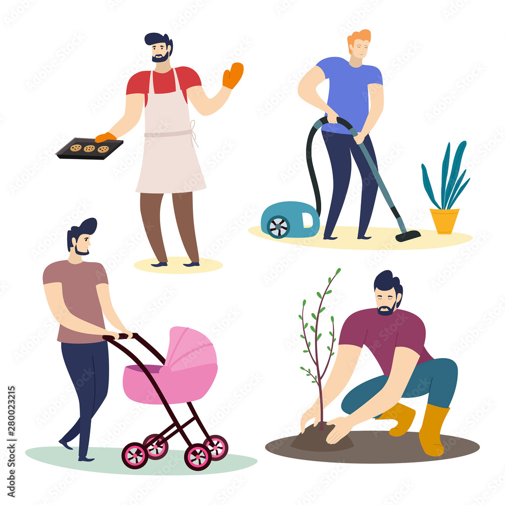 Collection of men doing housework. Cartoon characters isolated on white background. Vector illustration.