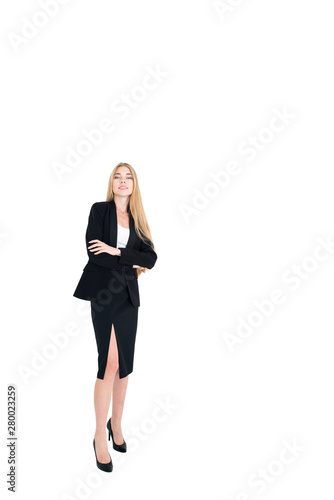 Classic studio portrait of smiling positive business woman on white background. Isolated