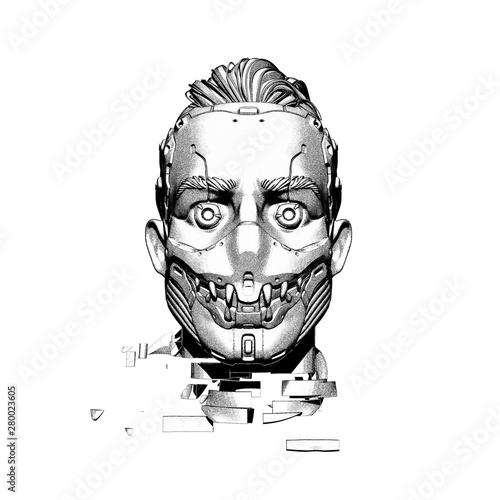 Surreal digital illustration of a cyborg head in a futuristic scary mask with teeth. Artificial face with damaged neck. Sci-fi creative soldier concept artwork. Cyberpunk robot man on white background