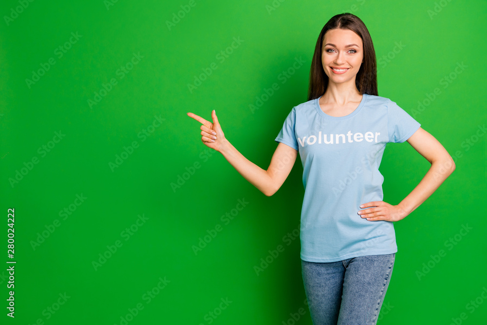 Portrait of her she nice attractive cheerful cheery confident straight-haired girl wearing printed tshirt ad advert copy space promotion isolated over bright vivid shine green lime background Portrait of her she nice attractive cheerful cheery confident straight-haired girl wearing printed tshirt ad advert copy space promotion isolated over bright vivid shine green lime background