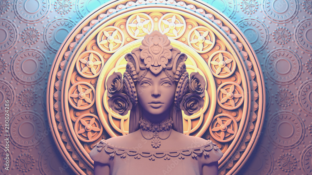 Αυτοκόλλητο 3d illustration of a beautiful girl in a fantasy crown standing against a ornament in oriental style