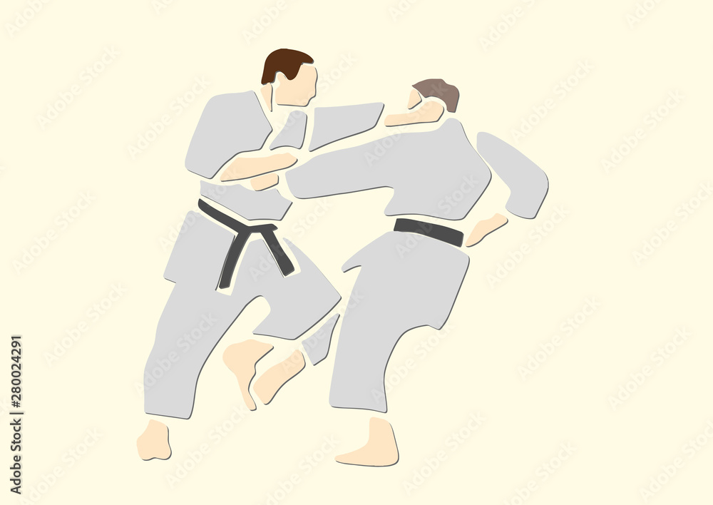 Adult male athletes in kimono. Martial arts. Karate or judo fight. Active poses. Applique or paper cut style. Colorful vector illustration. Adult male athletes in kimono. Martial arts. Karate or judo fight. Active poses. Applique or paper cut style. Colorful vector illustration.