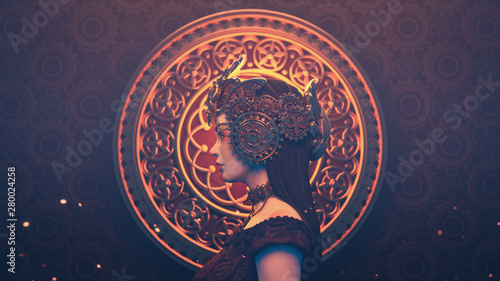 Photos 3d illustration of a beautiful sad brunette girl in a fantasy crown standing against a golden ornament in oriental style