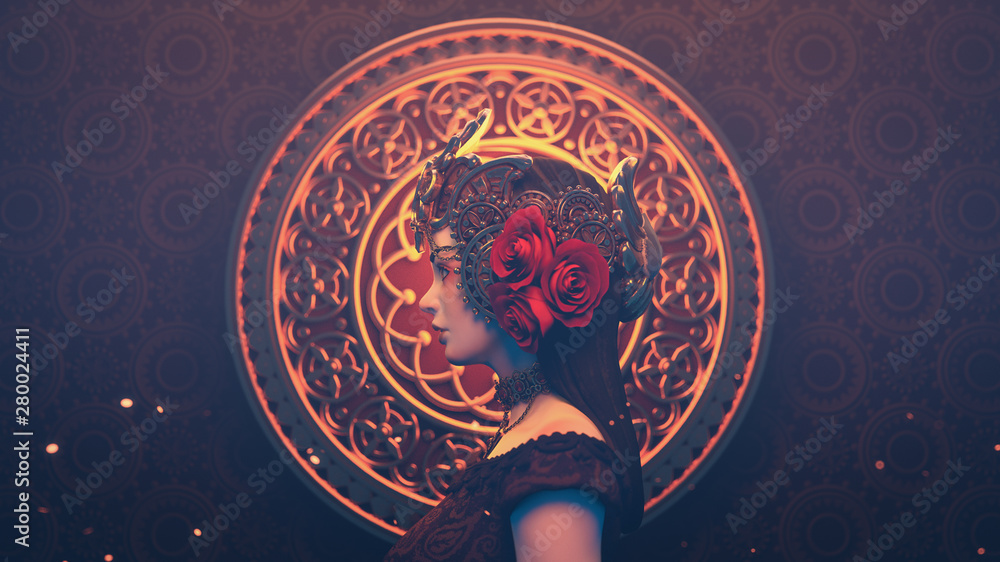 Φωτογραφία 3d illustration of a beautiful sad brunette girl in a fantasy crown standing against a golden ornament in oriental style