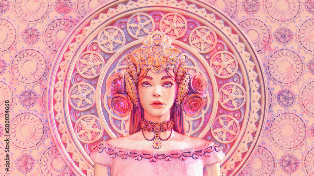Φωτογραφία 3d watercolor digital illustration of beautiful girl in fantasy crown standing against ornament in oriental style