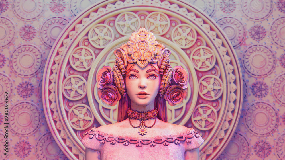 3d watercolor digital illustration of beautiful girl in fantasy crown standing against ornament in oriental style. Bas-relief vintage pastel background of empress with decorative gold crown with roses 3d watercolor digital illustration of beautiful girl in fantasy crown standing against ornament in oriental style. Bas-relief vintage pastel background of empress with decorative gold crown with roses