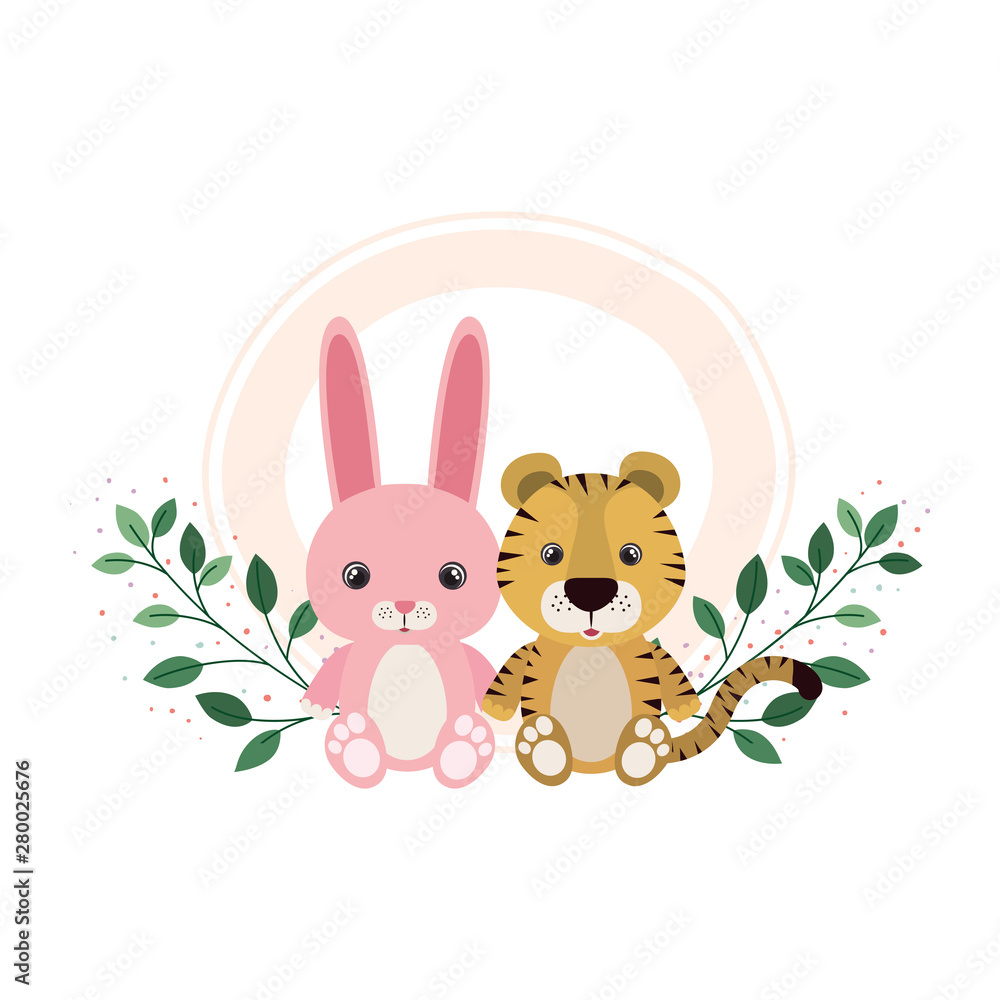 cute animals for baby card with branch and leaves of background cute animals for baby card with branch and leaves of background