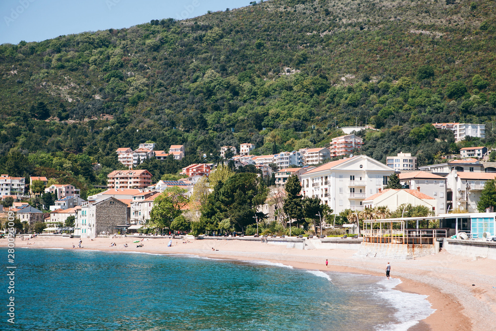 Beautiful view of the coastal resort town of Petrovac in Montenegro.