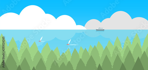 Seascape with ship and yachts. In the foreground coniferous forest. Vector illustration.