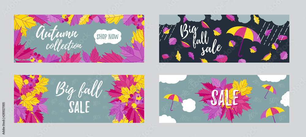 Fall sale horizontal banners with leaves and text