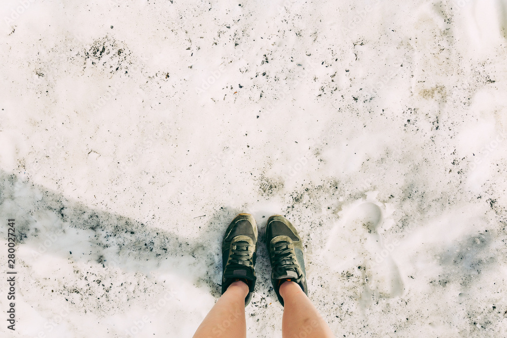 green Feet Selfie hipster shoes Traveler standing on snow Sochi mountains Lifestyle hiking Travel concept summer vacations