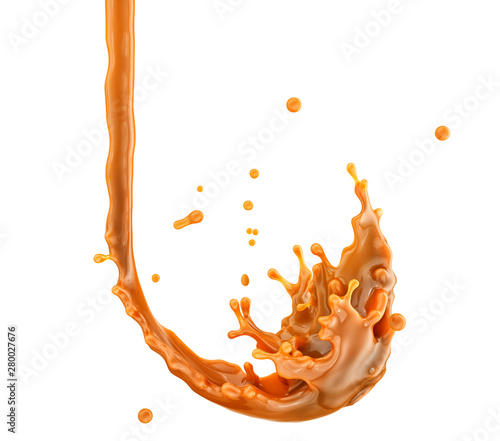Liquid sweet melted caramel, delicious caramel sauce or maple syrup swirl 3D splash. Yummy sweet caramel sauce or hot syrup twisted. Key visual advertising design element isolated on white background