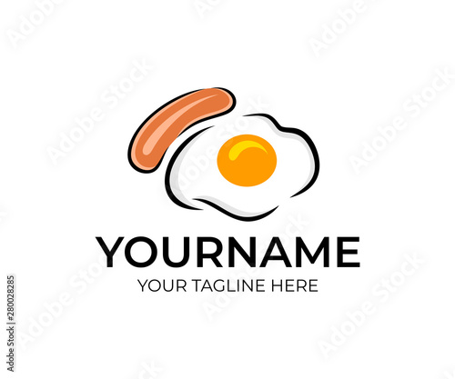 Fried eggs or scrambled eggs with sausage or frankfurter, logo design. Food and drink, breakfast, eatery and restaurant, vector design and illustration