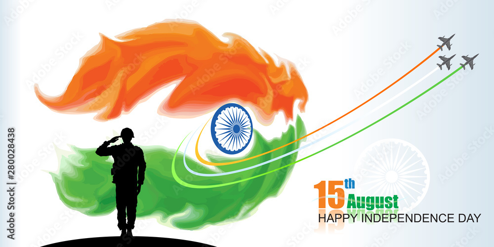 Φωτογραφία Silhouette of a soldier saluting for his country and jets flying across the skies, ejecting a trail of tri colored smoke