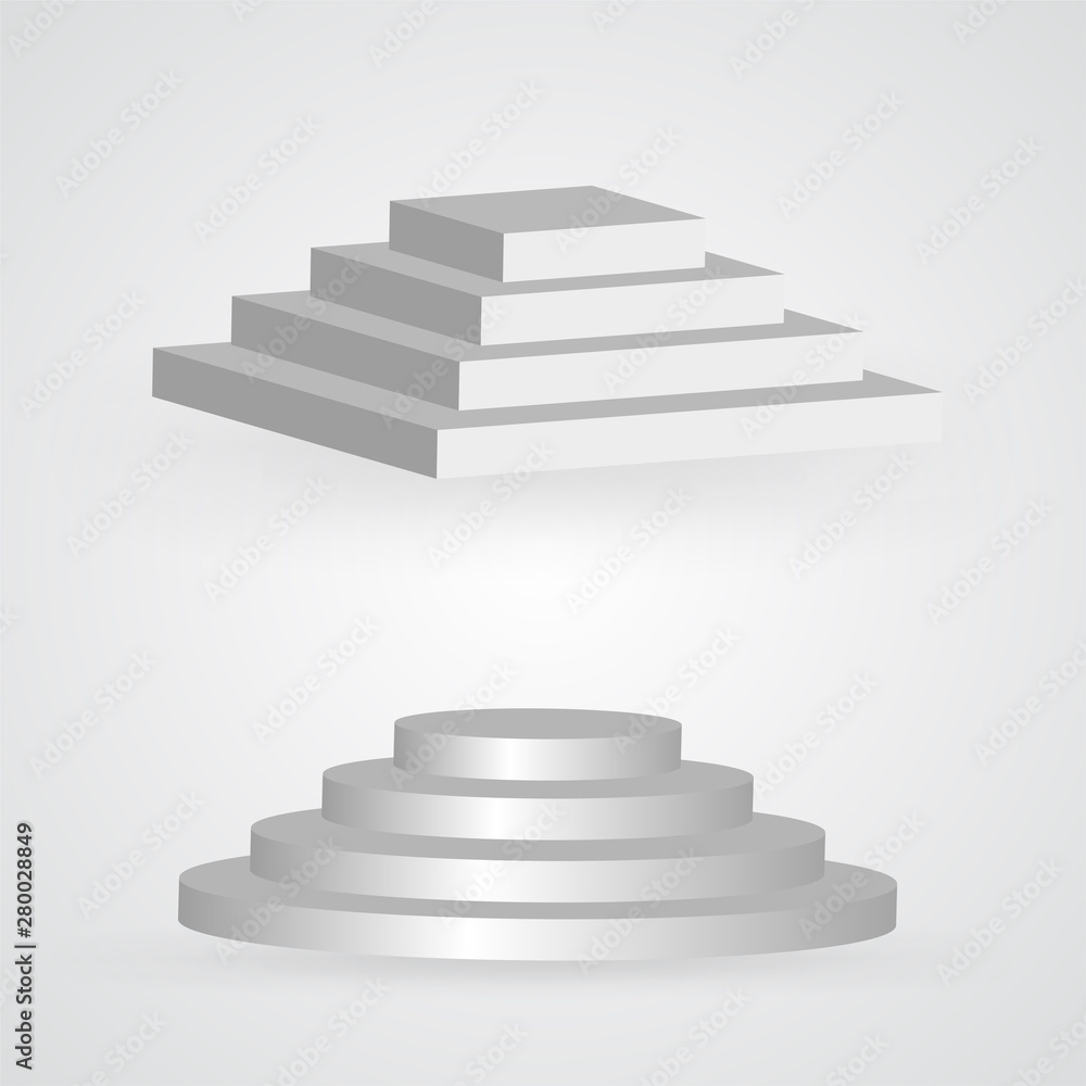 Three dimensional white stairs set, paper style vector steps, fame, celebrity symbol. Podium icon, success, progress, presentation winning isolated on white. Square and round climbing career stairways Three dimensional white stairs set, paper style vector steps, fame, celebrity symbol. Podium icon, success, progress, presentation winning isolated on white. Square and round climbing career stairways