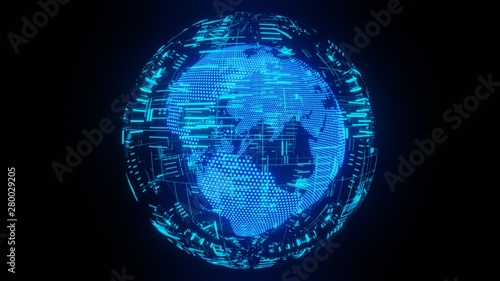 3D Rendering of digital earth planet with abstract sci fi sphere shape scanning data. Concept of global technology, big data, 5g fast network, machine learning, crypto currency, space station