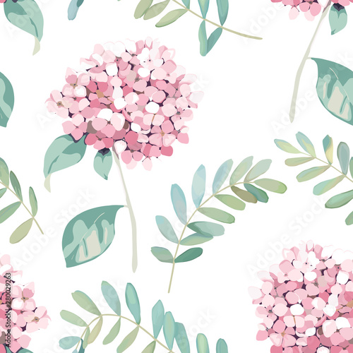 Floral seamless pattern. Vintage print with hortensia flowers and eucalyptus ...