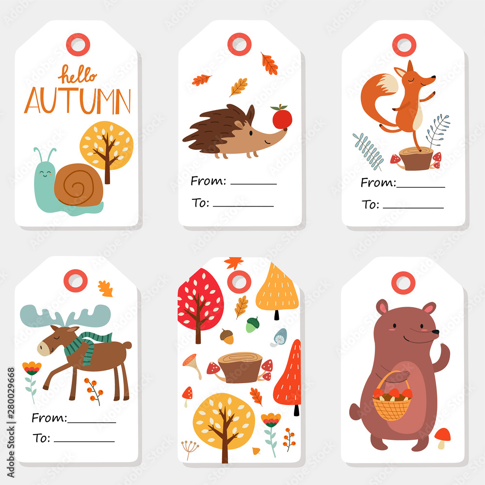 Autumn set of sale and gift tags, labels with cute illustrations, fun elements, hand drawn lettering. Collection with cute autumn forest animals. Vector illustrations.
