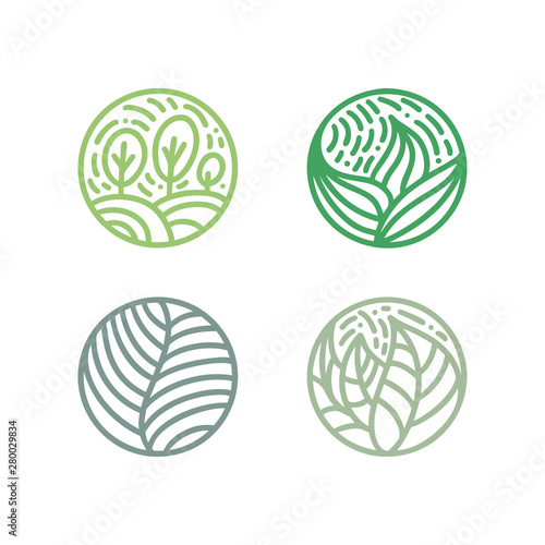 Set of tropical plant green leaves logo. Round bio emblem in a circle linear style. Vector abstract badge for design of natural products, flower shop, cosmetics, ecology concepts, health, spa, yoga