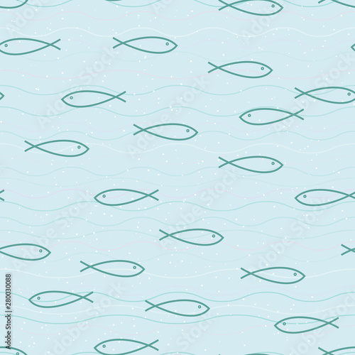 Primitive fishes swimming in the sea. Seamless pattern. Simple shapes, lines, dots