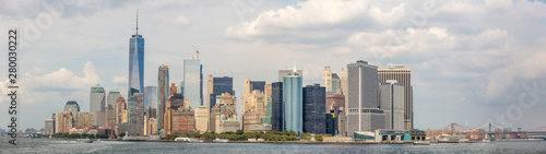Panoramic view to Manhattan skyline from Staten Island ferry