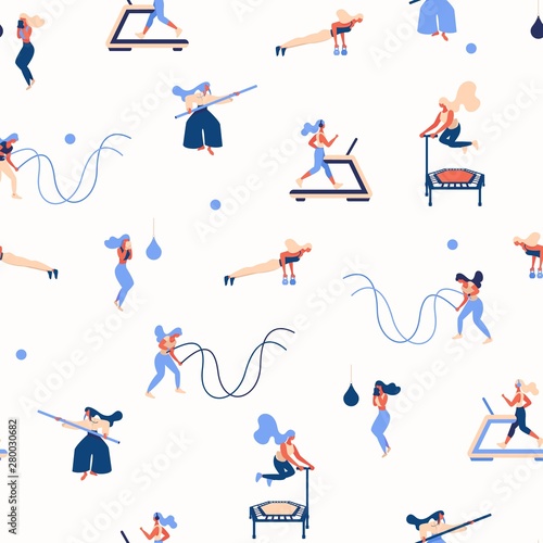 Vector concept seamless pattern with young women doing sport exercises, drawn with bright blue and orange colors is contemporary flat style